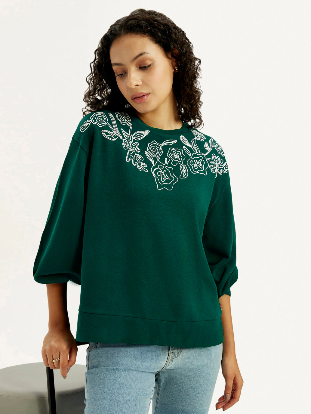 Women's Embroidered Dark Green Oversized Sweatshirt