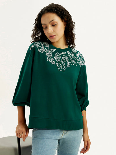 Women's Embroidered Dark Green Crew Neck Sweatshirt