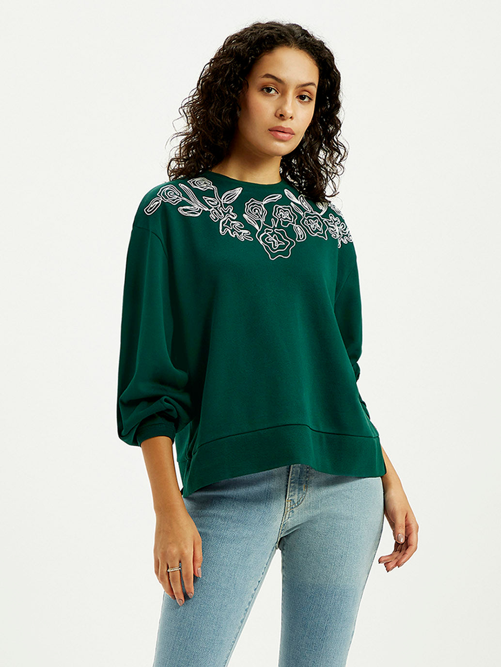 Women's Embroidered Dark Green Crew Neck Sweatshirt