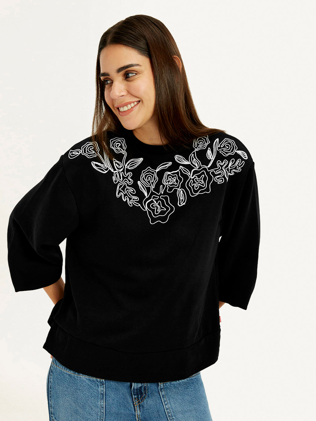 Women's Embroidered Black Oversized Sweatshirt - Elevated View