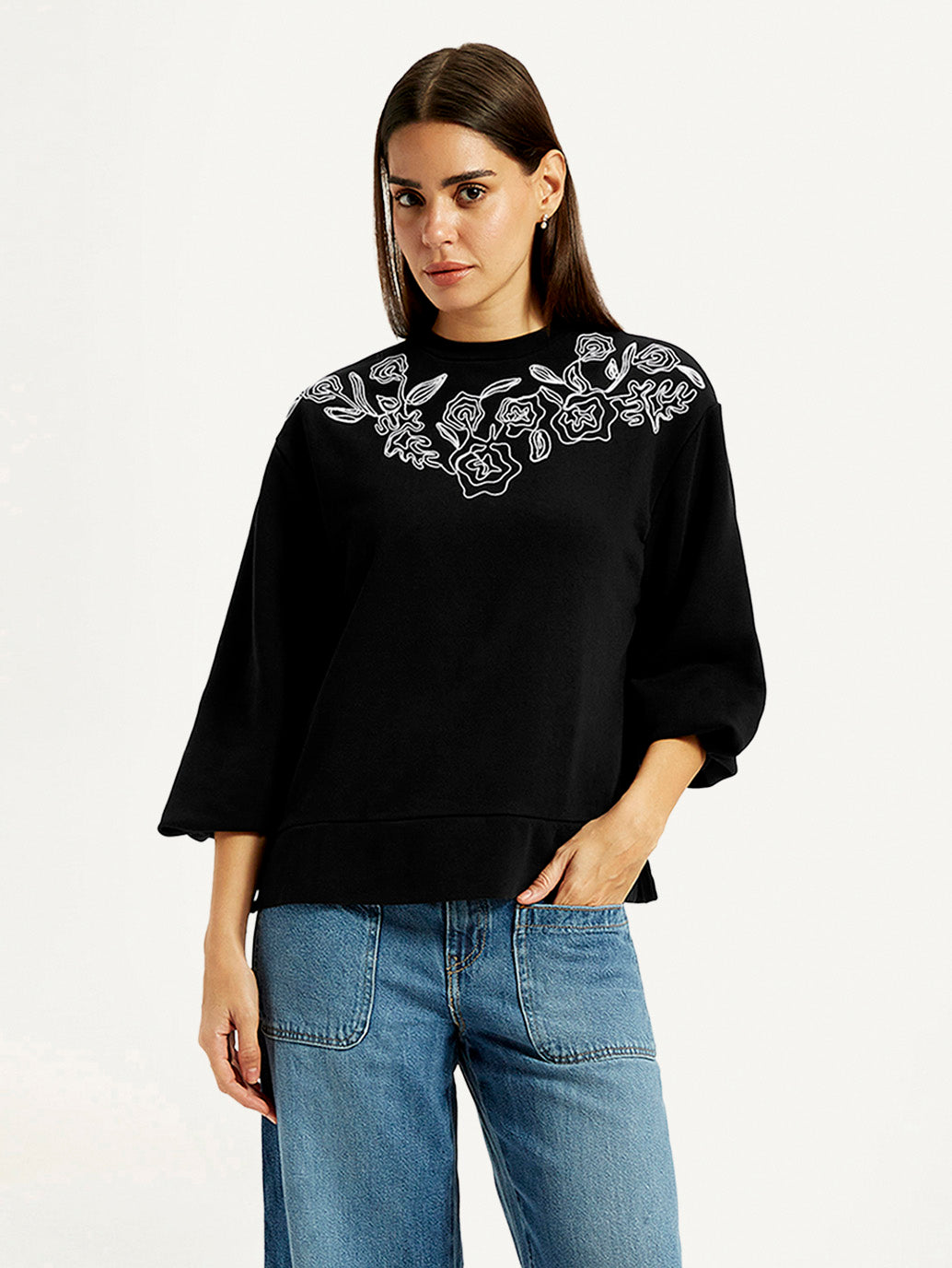 Women's Embroidered Black Oversized Sweatshirt - Styleshot View
