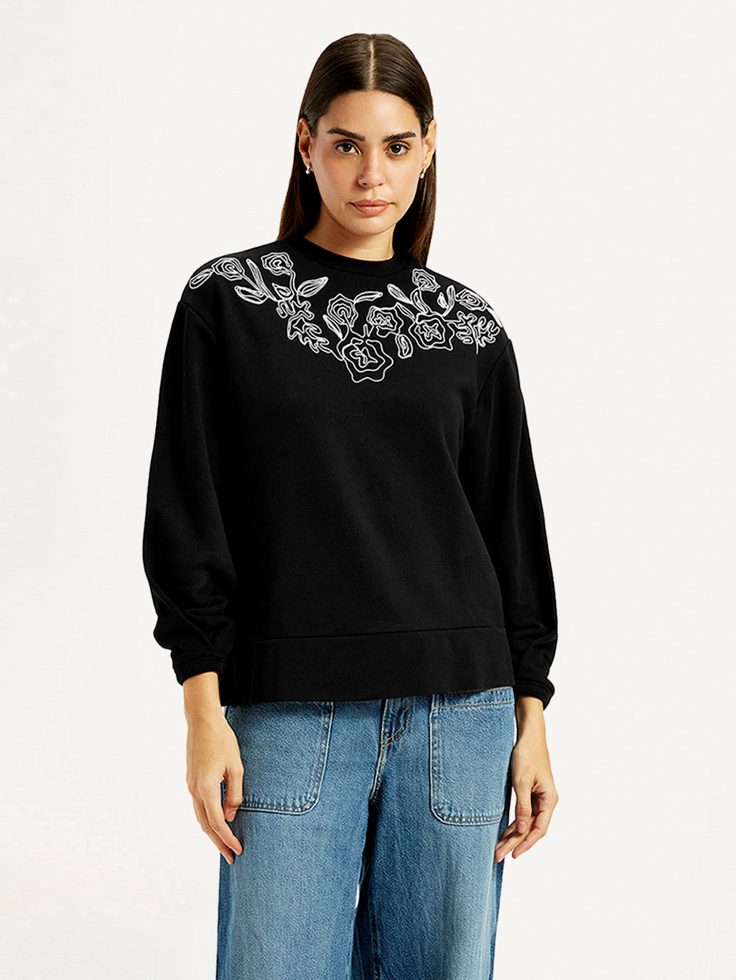 Women's Embroidered Black Oversized Sweatshirt - Front View