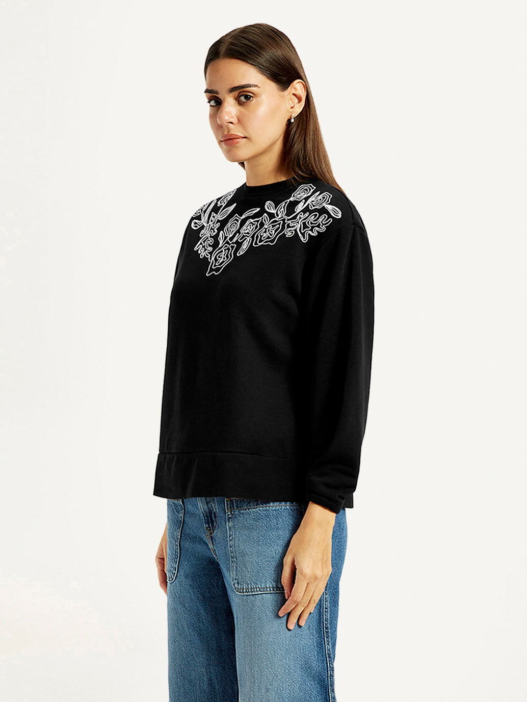 Women's Embroidered Black Oversized Sweatshirt - Side View