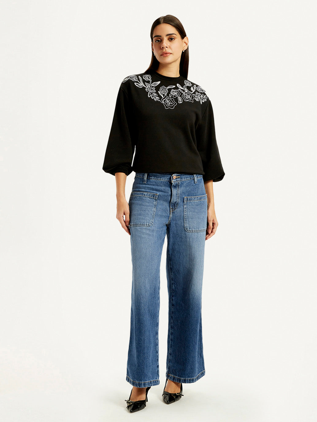 Women's Blue XL Straight Loose Fit Mid Rise Jeans - Front View