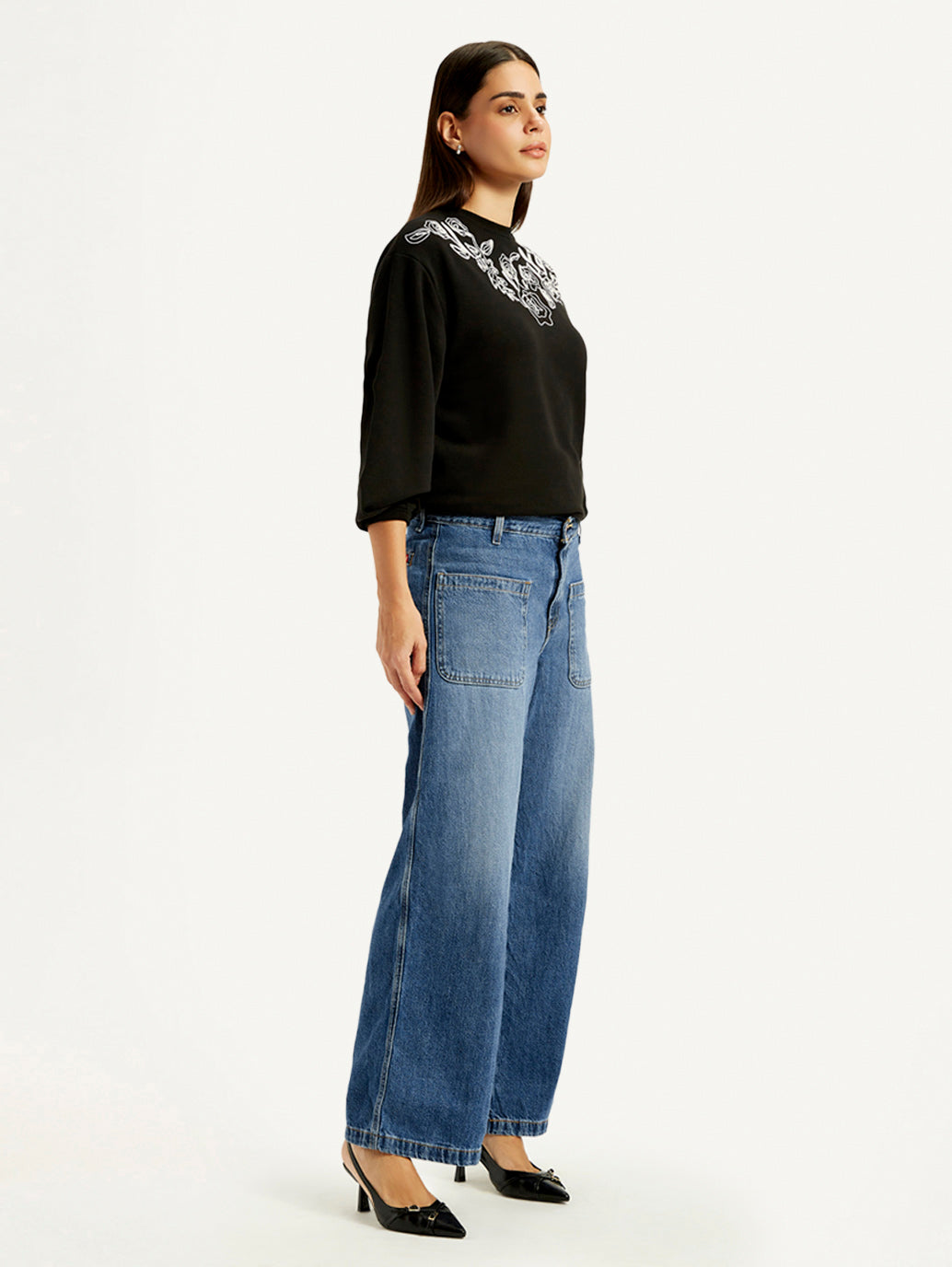 Women's Blue XL Straight Loose Fit Mid Rise Jeans - Side View