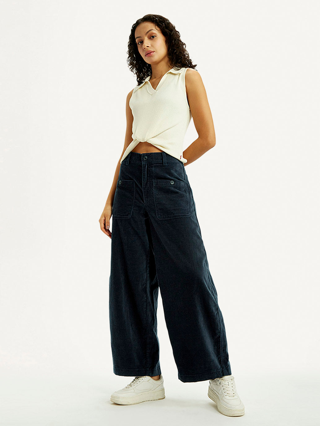 Women's Navy Blue Barrel Loose Fit Mid Rise Trousers - Elevated View