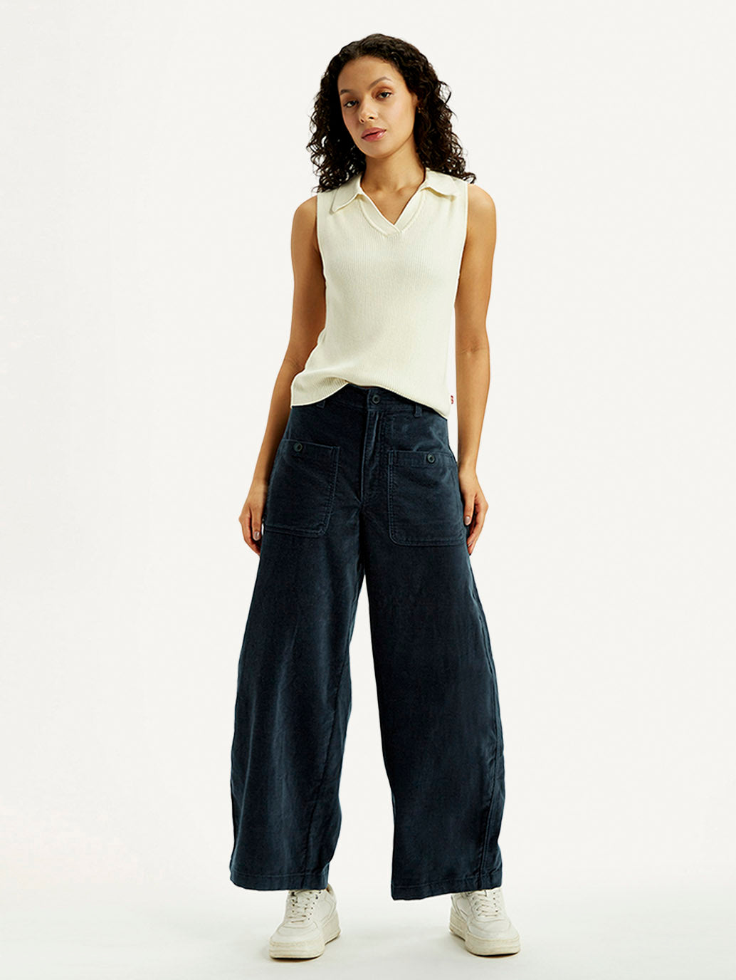 Women's Navy Blue Barrel Loose Fit Mid Rise Trousers - Styleshot View