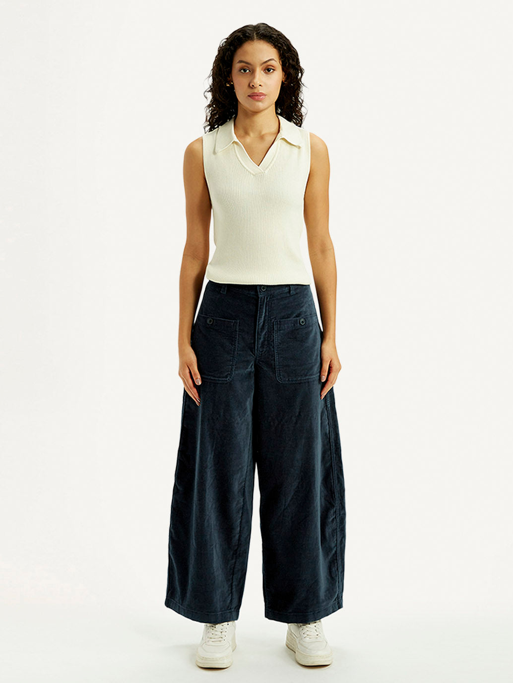 Women's Navy Blue Barrel Loose Fit Mid Rise Trousers - Front View