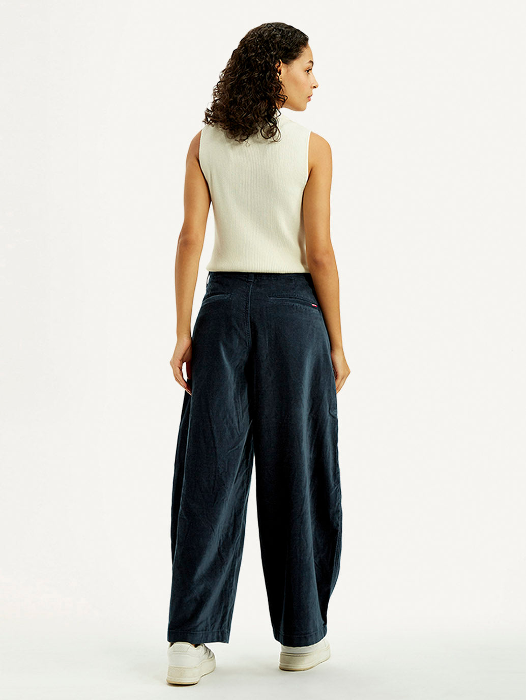 Women's Navy Blue Barrel Loose Fit Mid Rise Trousers - Back View