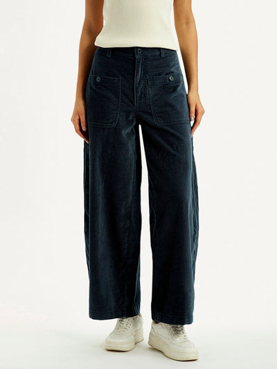 Women's Navy Blue Barrel Loose Fit Mid Rise Trousers