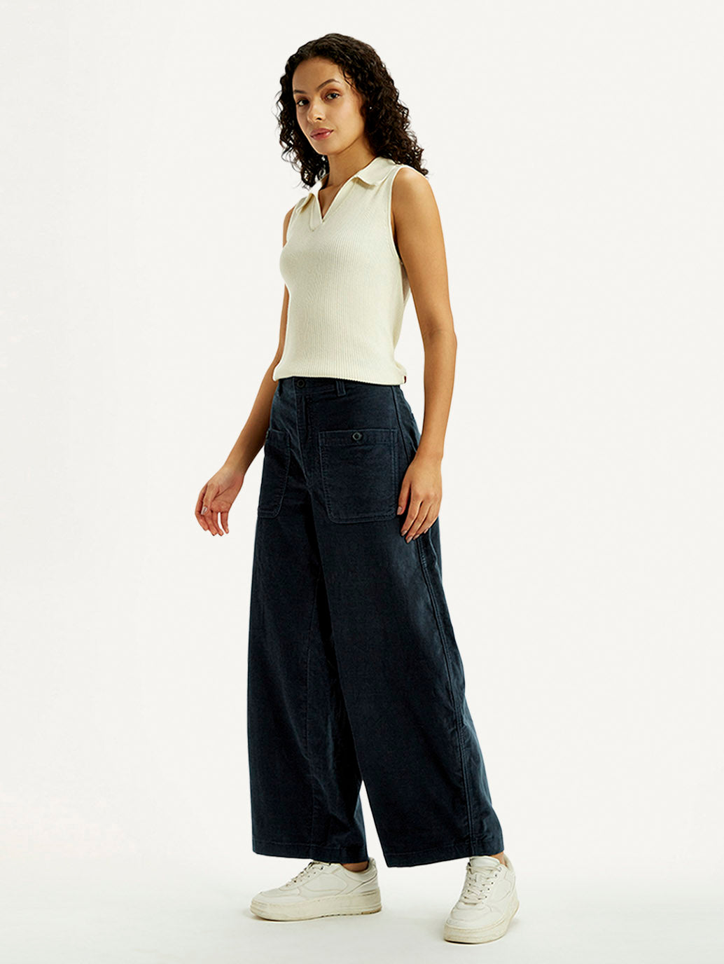 Women's Navy Blue Barrel Loose Fit Mid Rise Trousers - Side View
