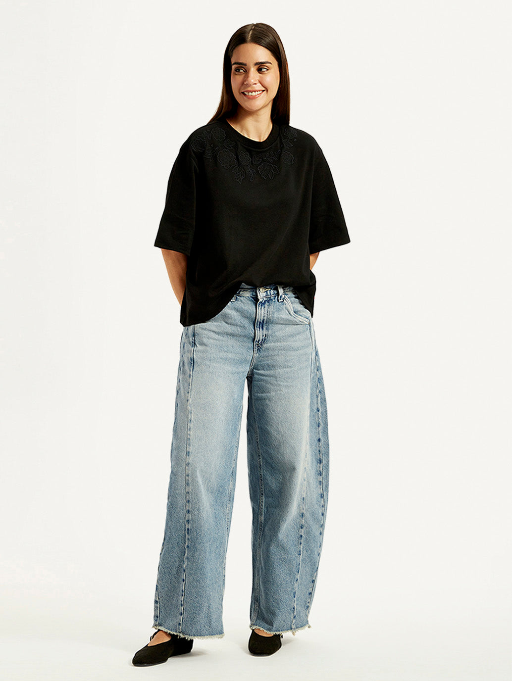 Women's Light Blue Super Baggy Barrel Loose Fit Mid Rise Jeans - Styleshot View