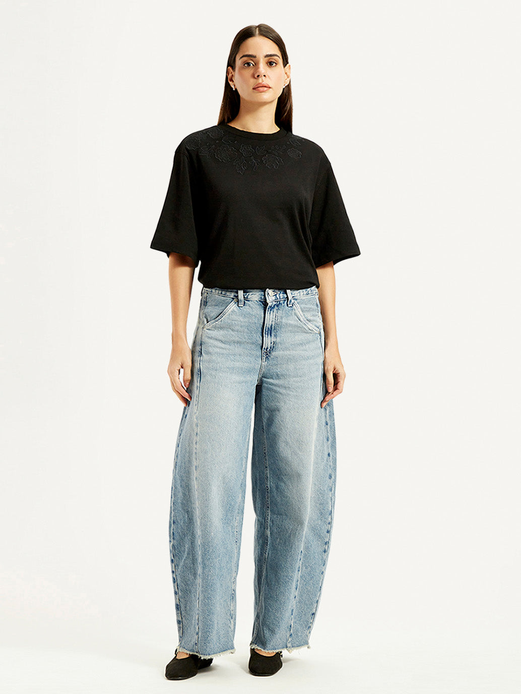 Women's Light Blue Super Baggy Barrel Loose Fit Mid Rise Jeans - Front View