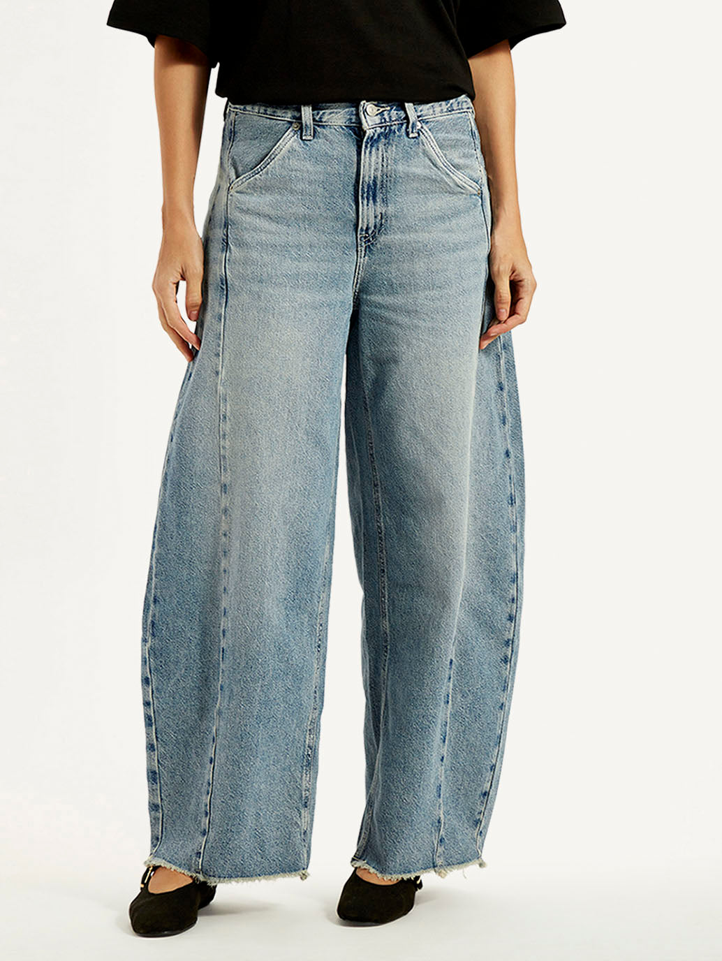 Women's Light Blue Super Baggy Barrel Loose Fit Mid Rise Jeans - Front View