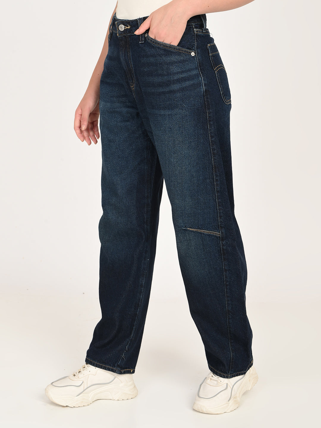 Women's Blue Barrel Loose Fit Mid Rise Jeans - side View