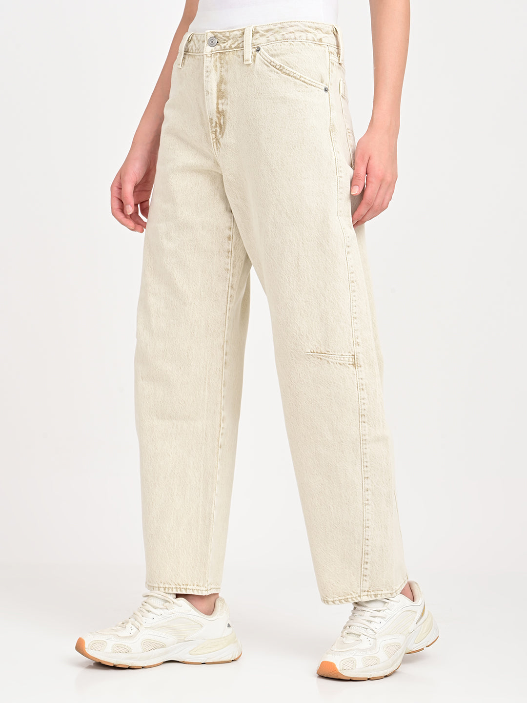 Women's Beige Barrel Loose Fit Mid Rise Baggy Dad Jeans - jpg View