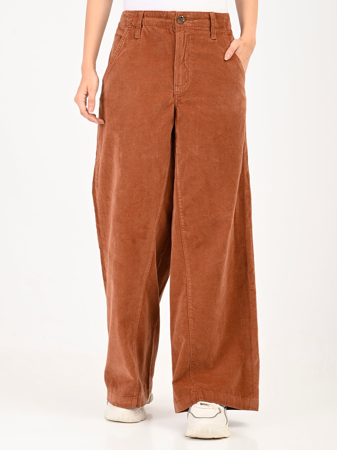 Women's Brown Loose Fit High Rise Trousers - front View