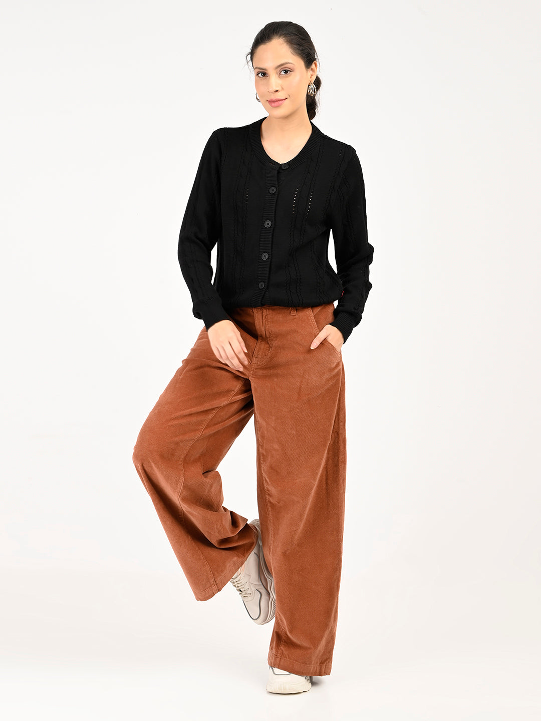 Women's Brown XL Straight Loose Fit High Rise Trousers - 6 View
