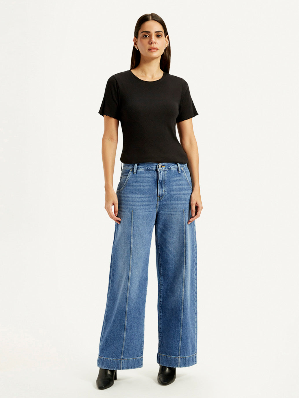 Women's Blue XL Straight Loose Fit Mid Rise Jeans - Front View