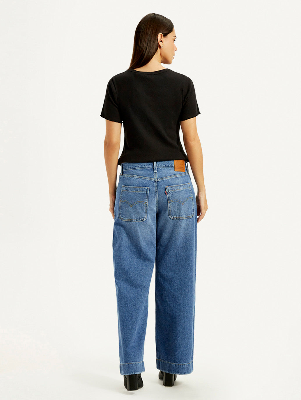 Women's Blue XL Straight Loose Fit Mid Rise Jeans - Back View