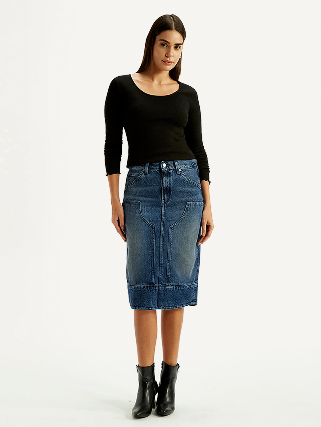 Women's Blue Regular Fit Mid Rise Denim Skirt - Front View