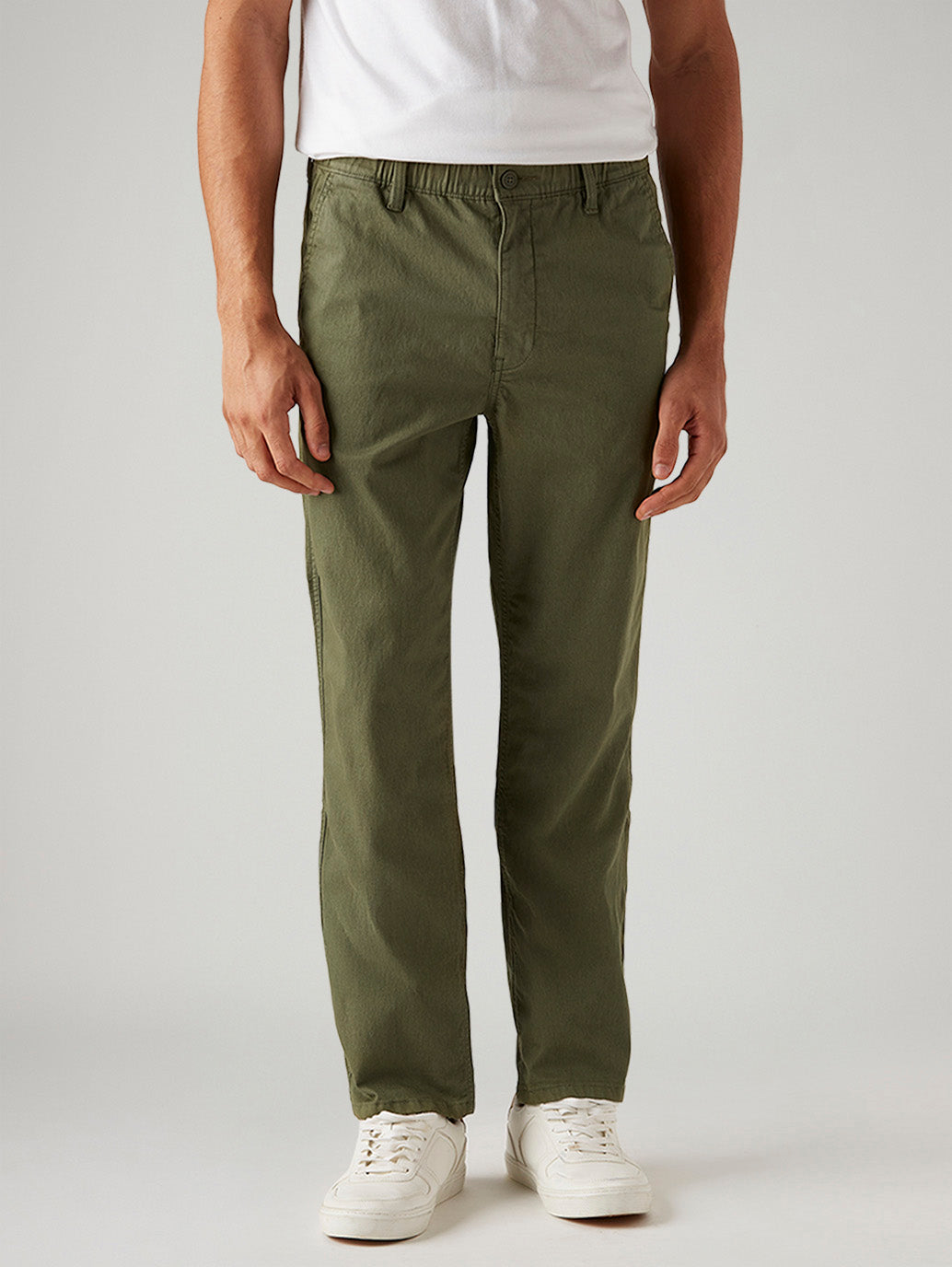 Men's Olive Relaxed Fit Mid Rise Tech Pant - Front View