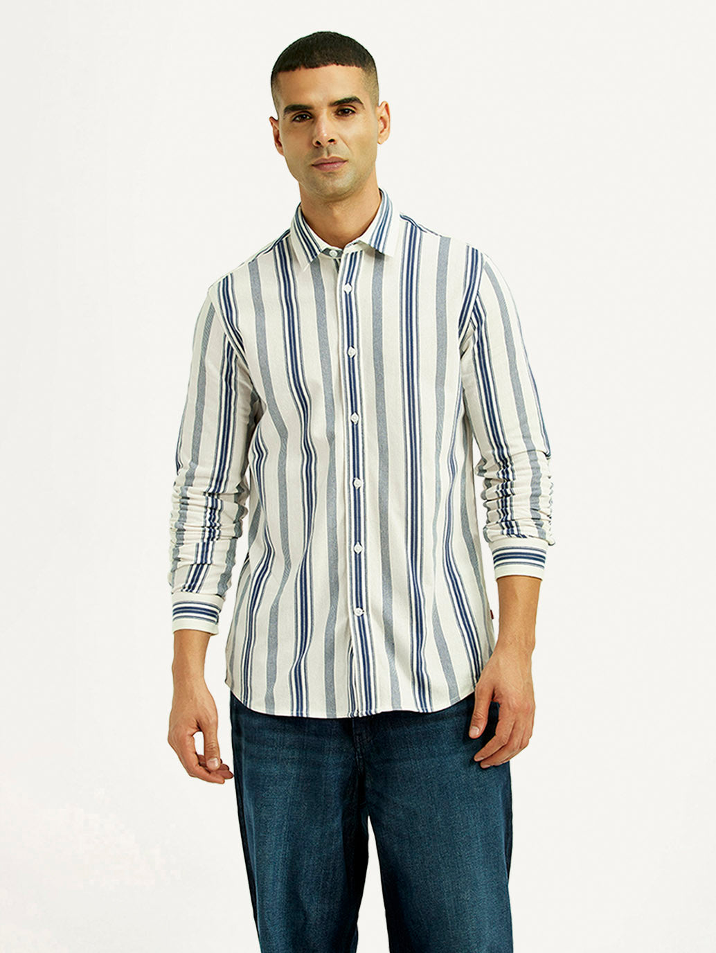 Men's Striped White Slim Fit Shirt - Front View