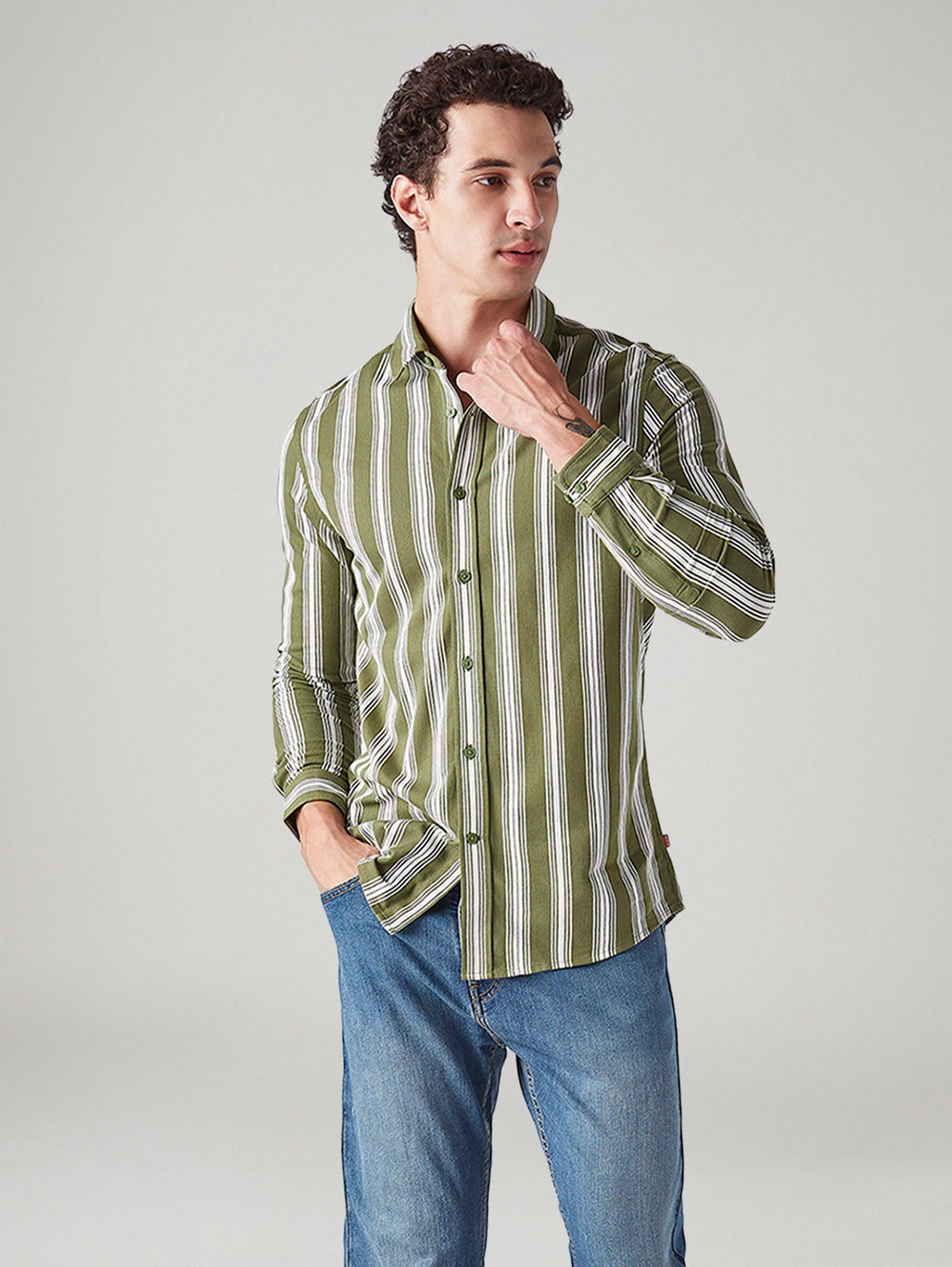 Men's Striped Olive Slim Fit Knitted Shirt - Styleshot View