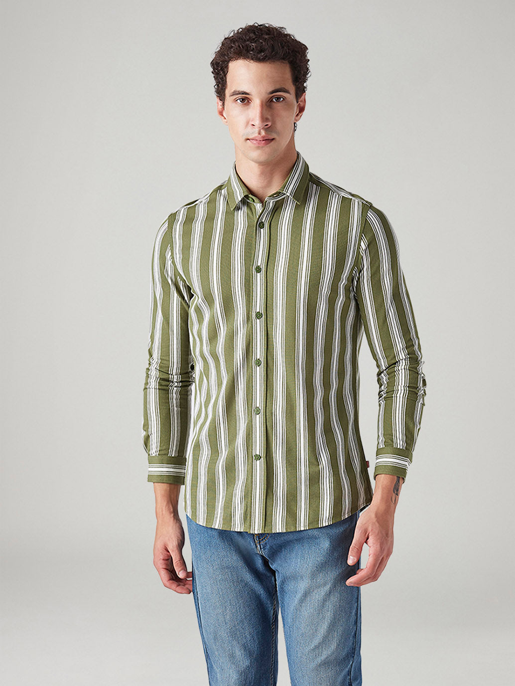 Men's Striped Olive Slim Fit Knitted Shirt - Front View