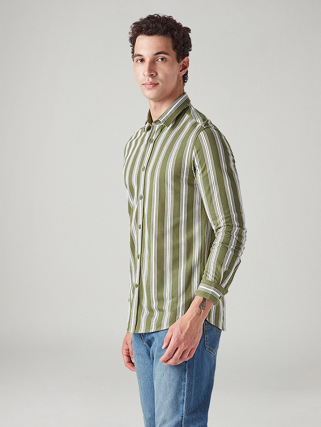 Men's Striped Olive Slim Fit Knitted Shirt - Side View