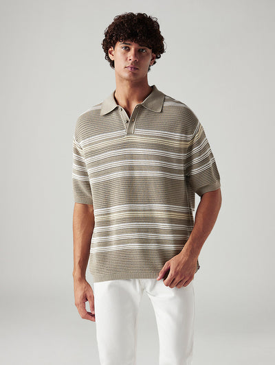 Men's Striped Taupe Loose Fit Polo T-shirt-image-3