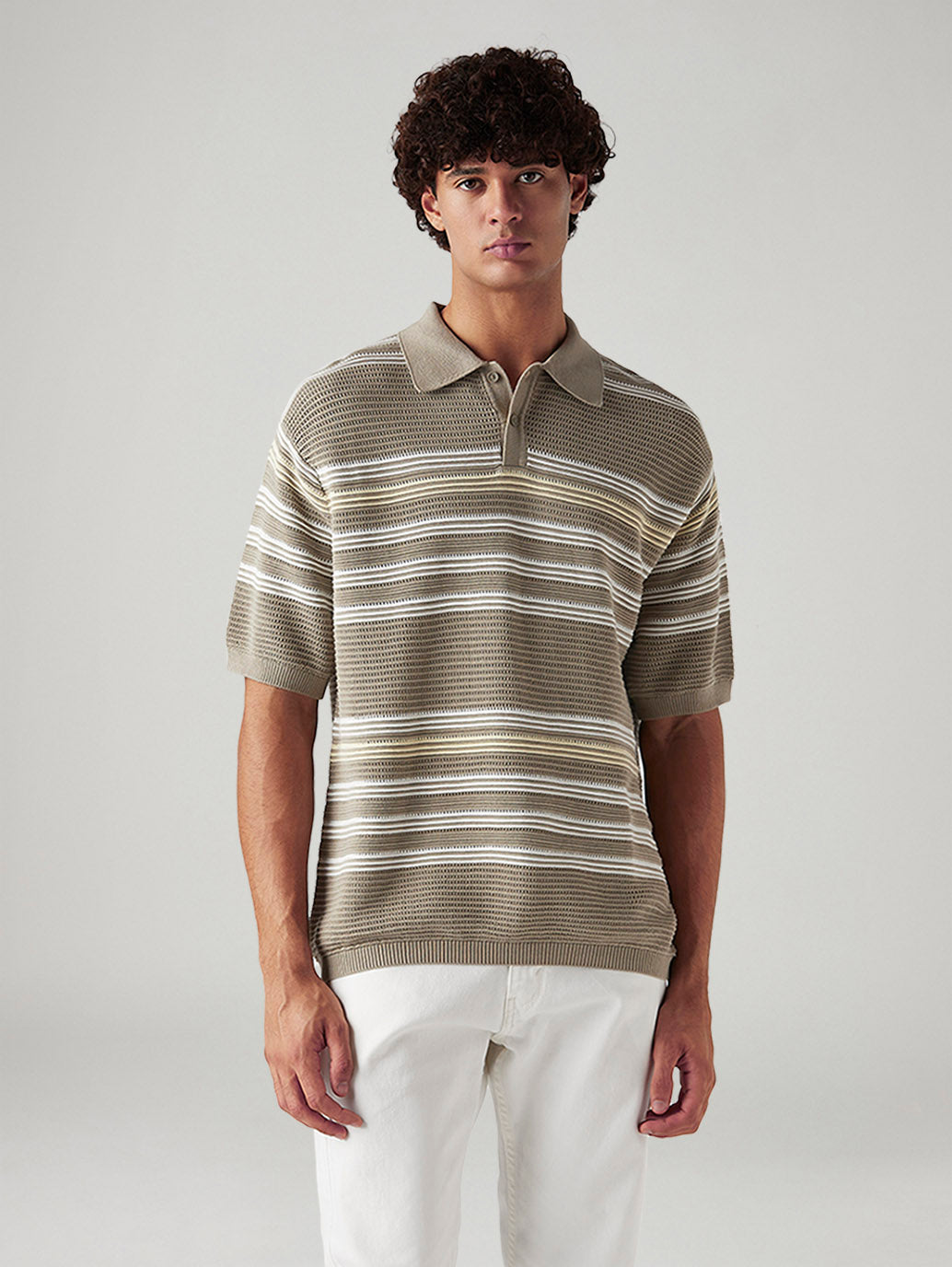 Men's Striped Taupe Loose Fit Polo T-shirt - Front View