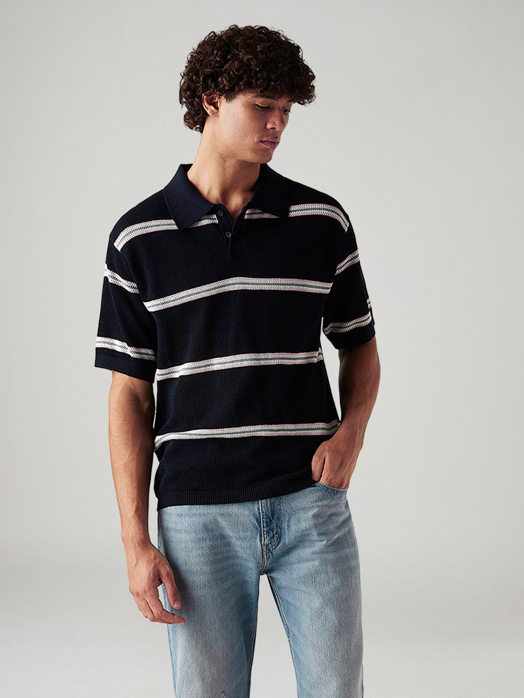 Men's Striped Navy Loose Fit Polo T-shirt - Styleshot View