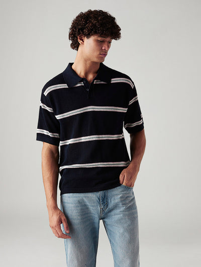 Men's Striped Navy Loose Fit Polo T-shirt