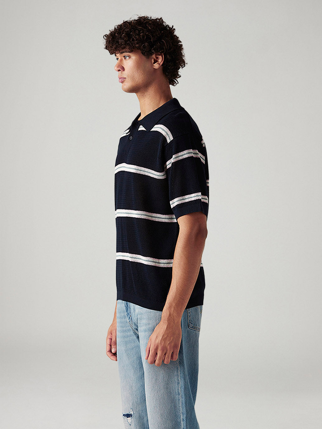Men's Striped Navy Loose Fit Polo T-shirt - Side View