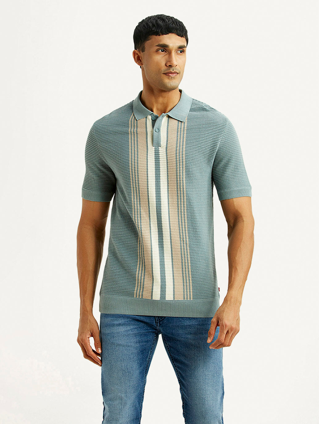 Men's Striped Light Blue Polo T-shirt - Front View