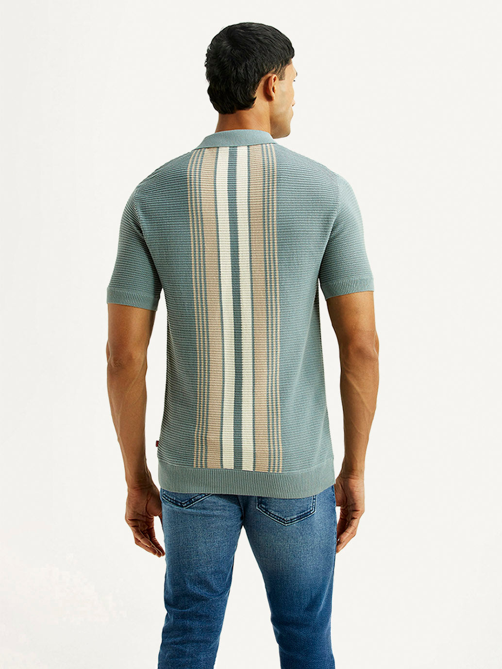 Men's Striped Light Blue Polo T-shirt - Back View