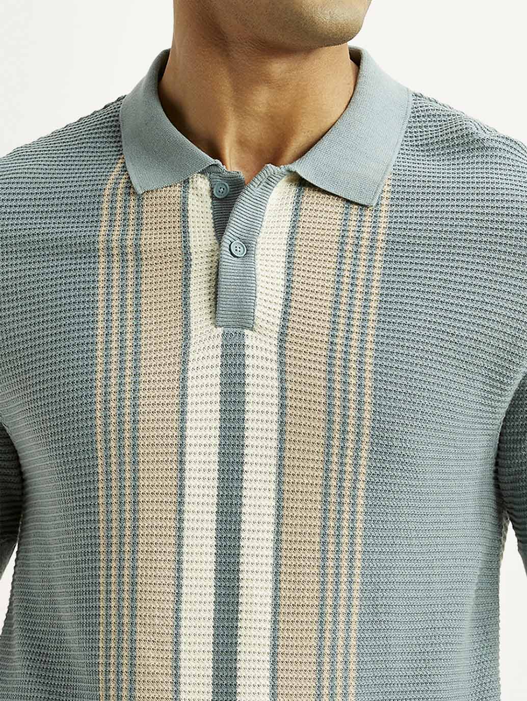 Men's Striped Light Blue Polo T-shirt - Detail View