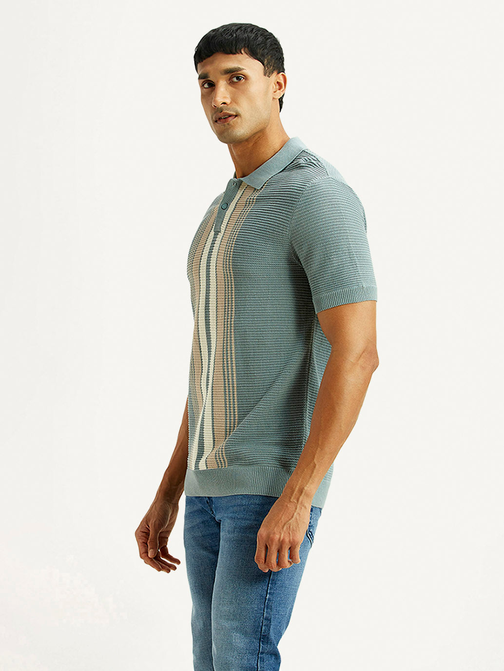 Men's Striped Light Blue Polo T-shirt - Side View