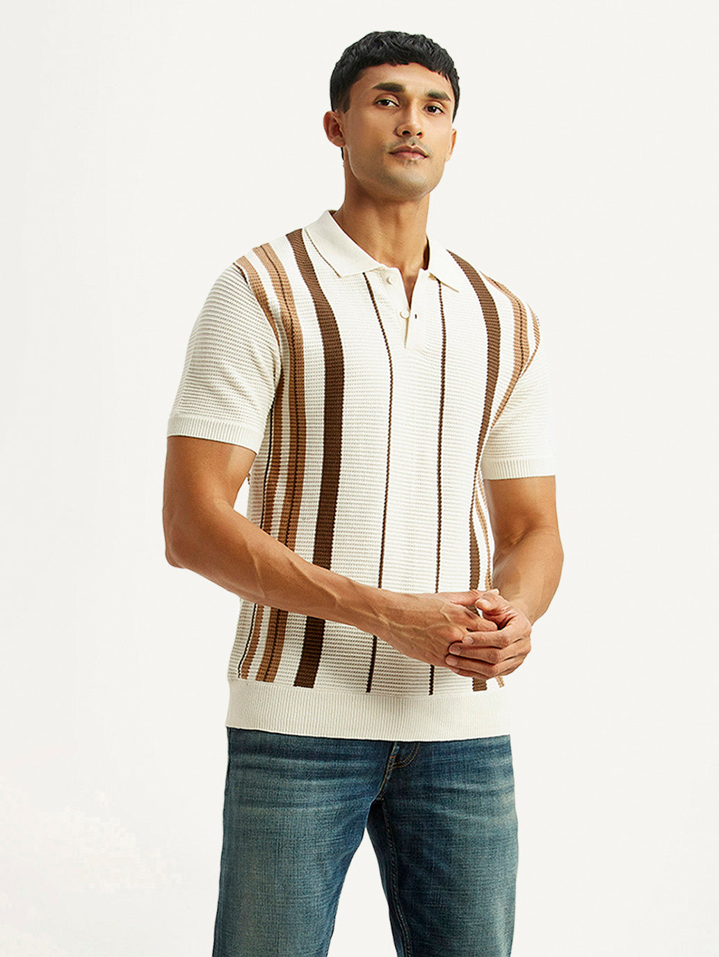 Men's Striped Off White Polo T-shirt - Styleshot View