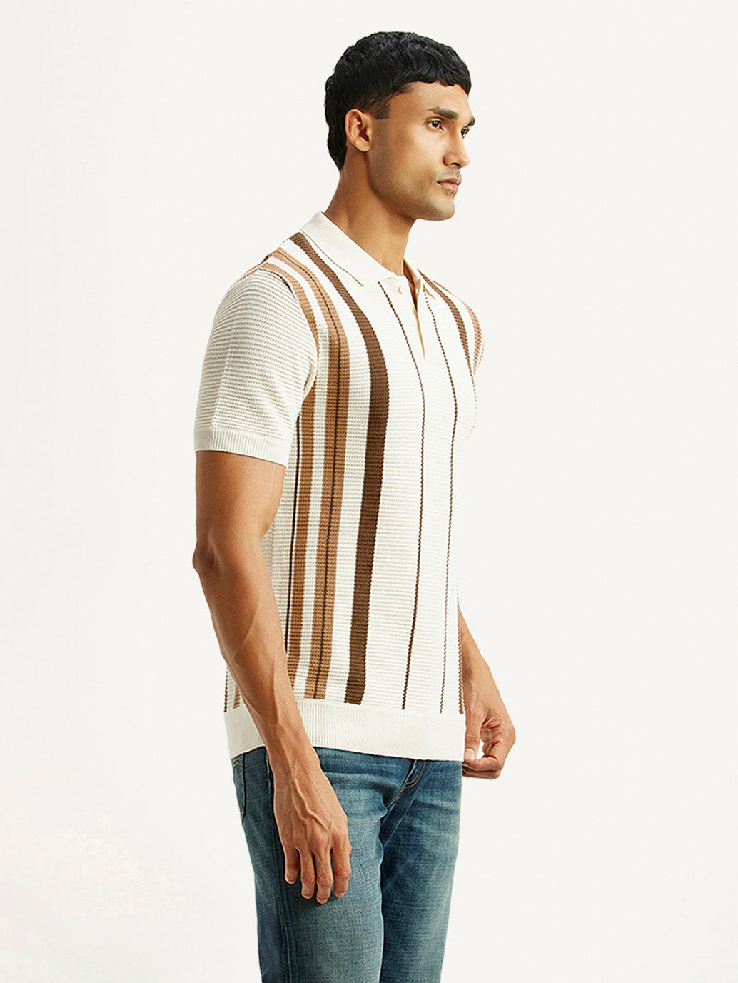 Men's Striped Off White Polo T-shirt - Side View