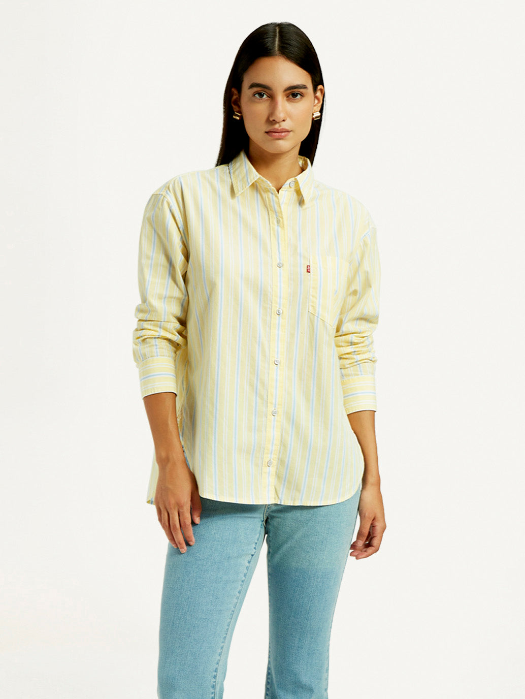 Women's Striped Yellow Relaxed Fit Shirt - Styleshot View