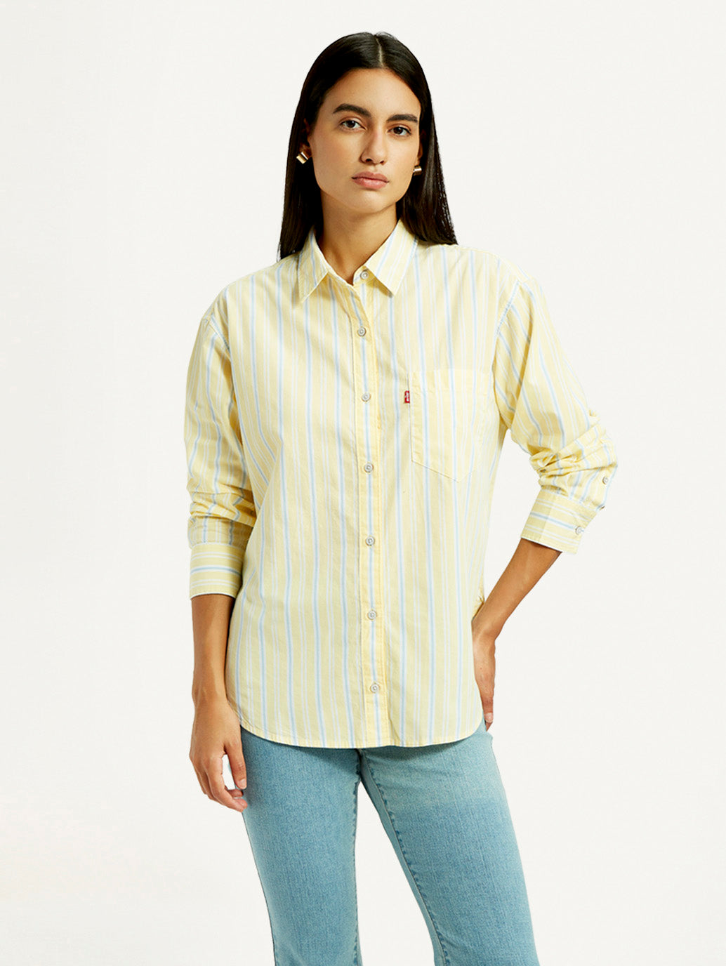 Women's Striped Yellow Relaxed Fit Shirt - Front View