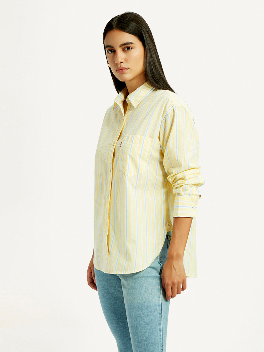 Women's Striped Yellow Relaxed Fit Shirt - Side View