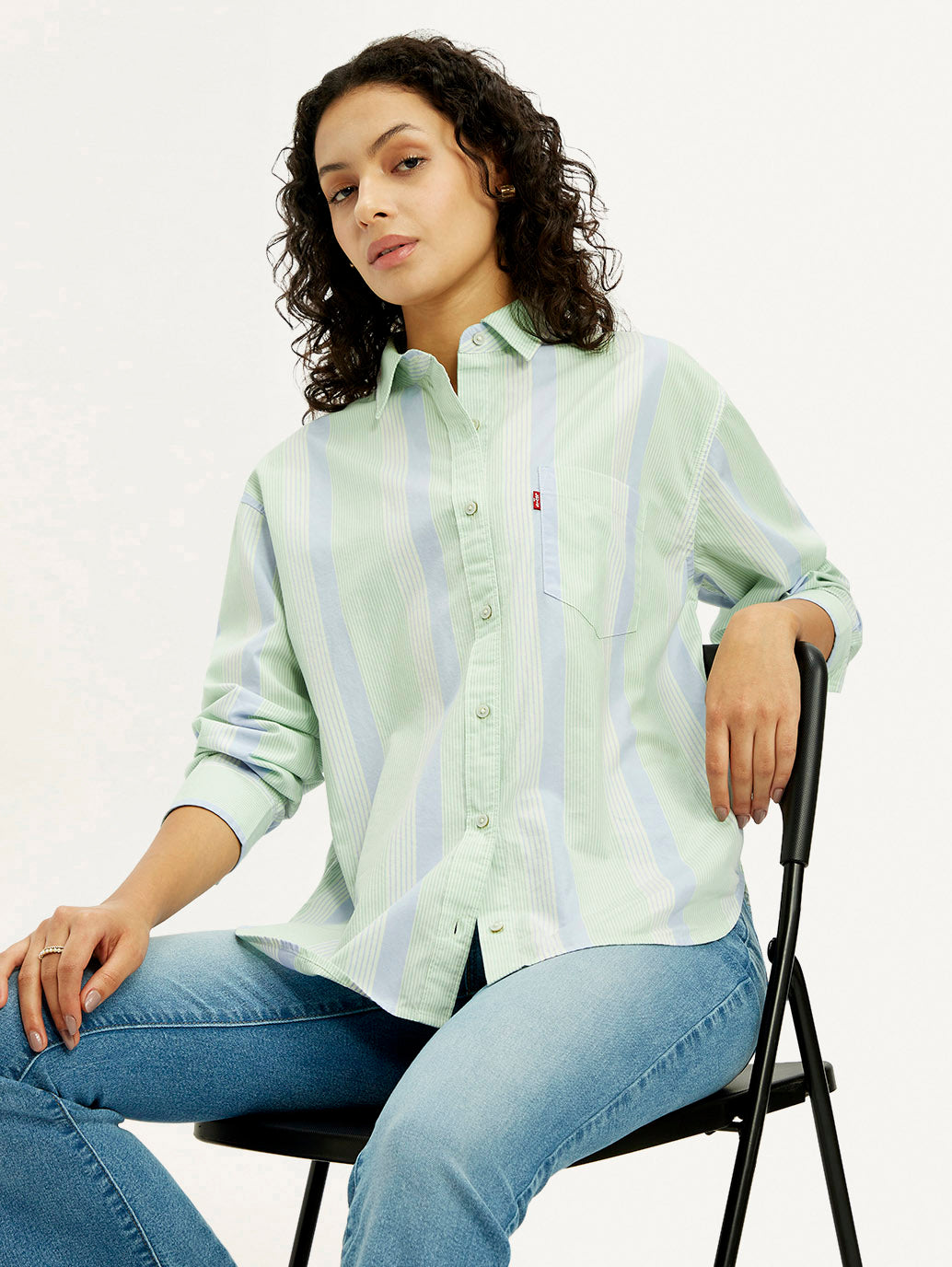 Women's Striped Light Green Relaxed Fit Shirt - Elevated View