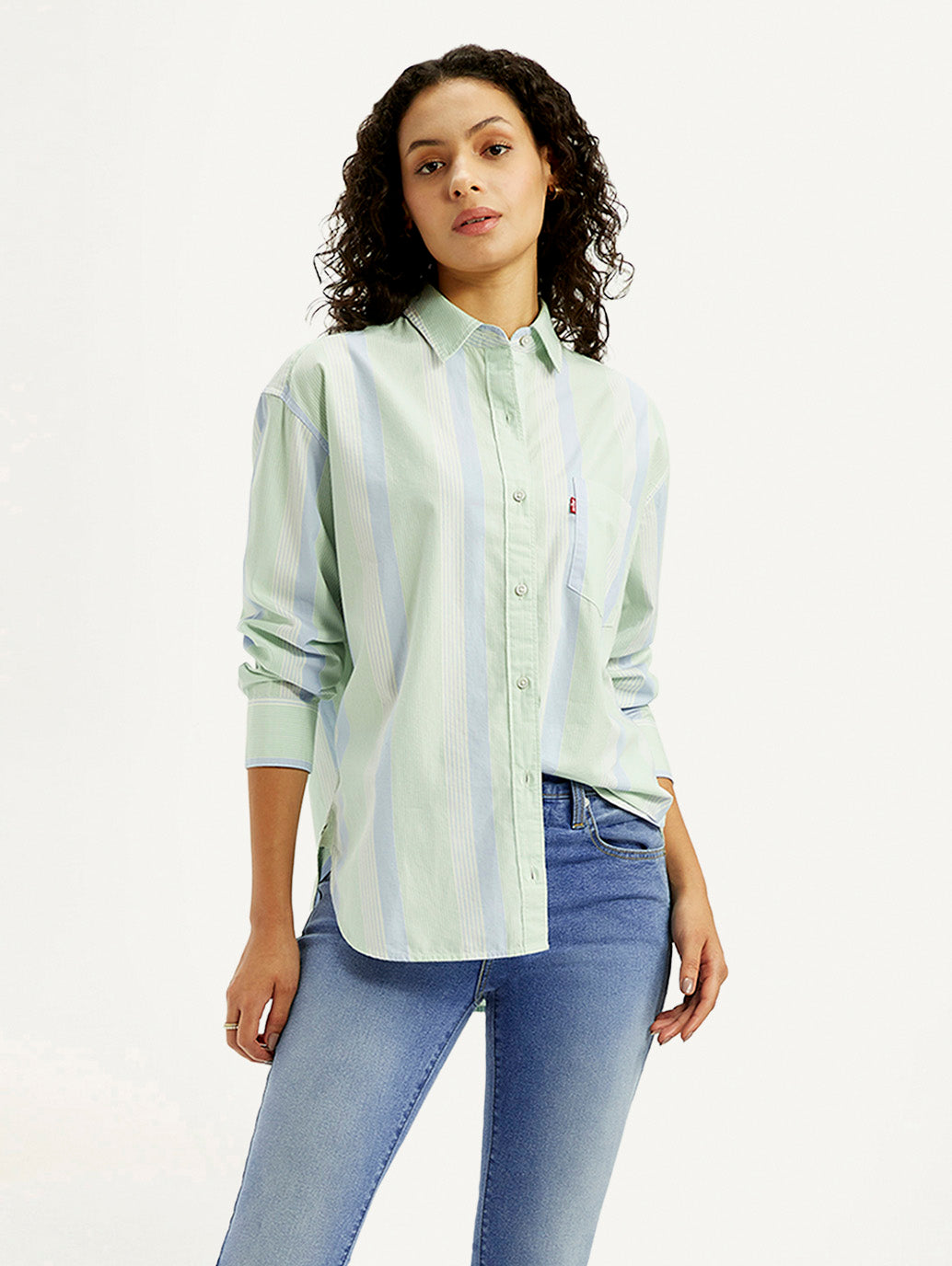 Women's Striped Light Green Relaxed Fit Shirt - Styleshot View