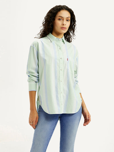 Women's Striped Light Green Slim Fit Shirt-image-31