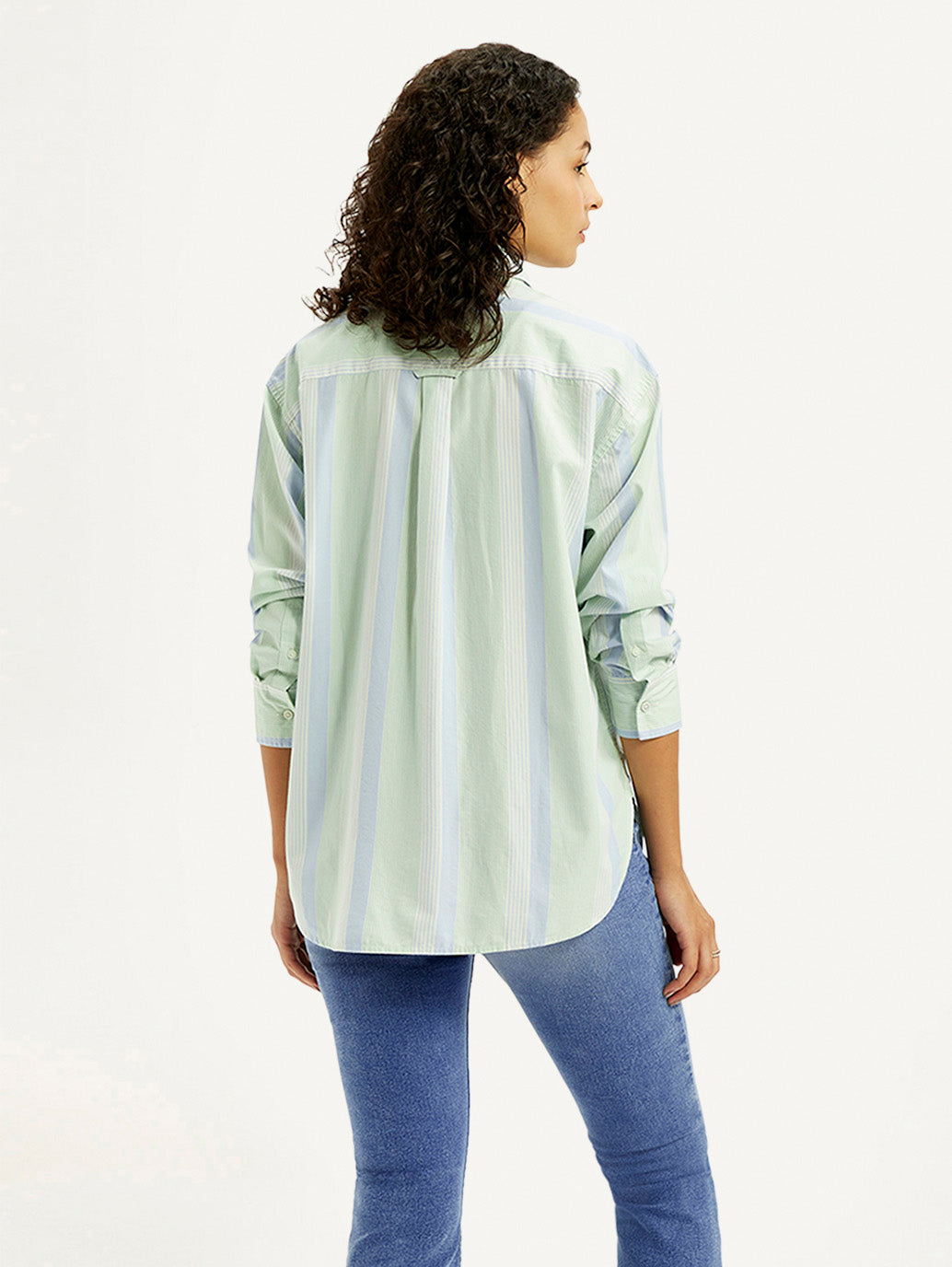 Women's Striped Light Green Relaxed Fit Shirt - Back View