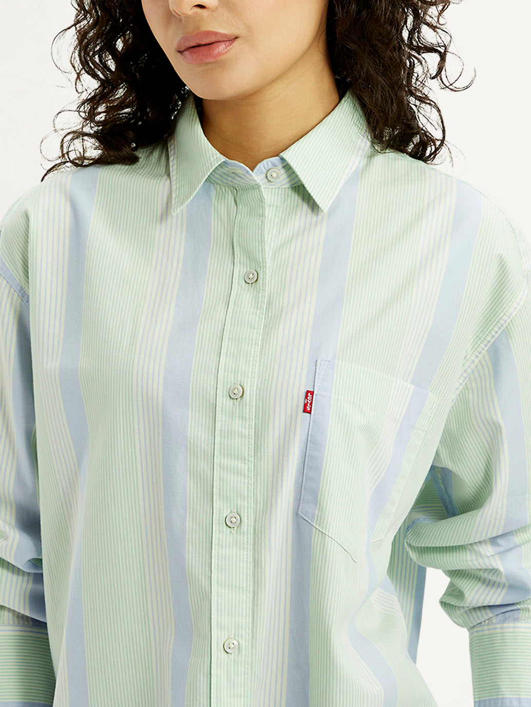 Women's Striped Light Green Relaxed Fit Shirt - Detail View