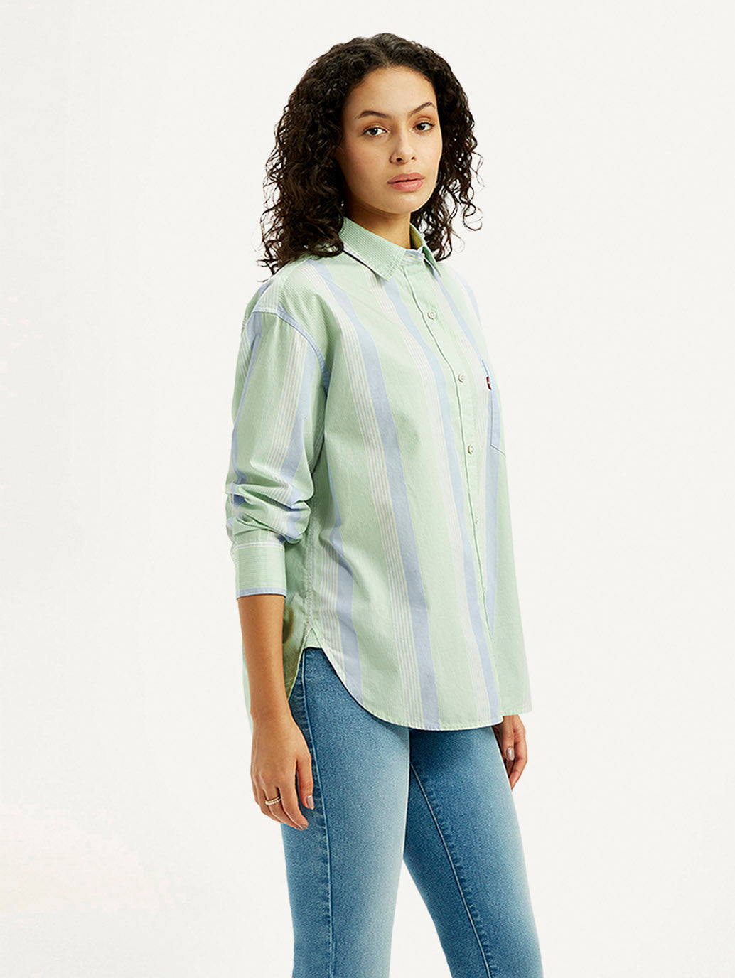Women's Striped Light Green Relaxed Fit Shirt - Side View